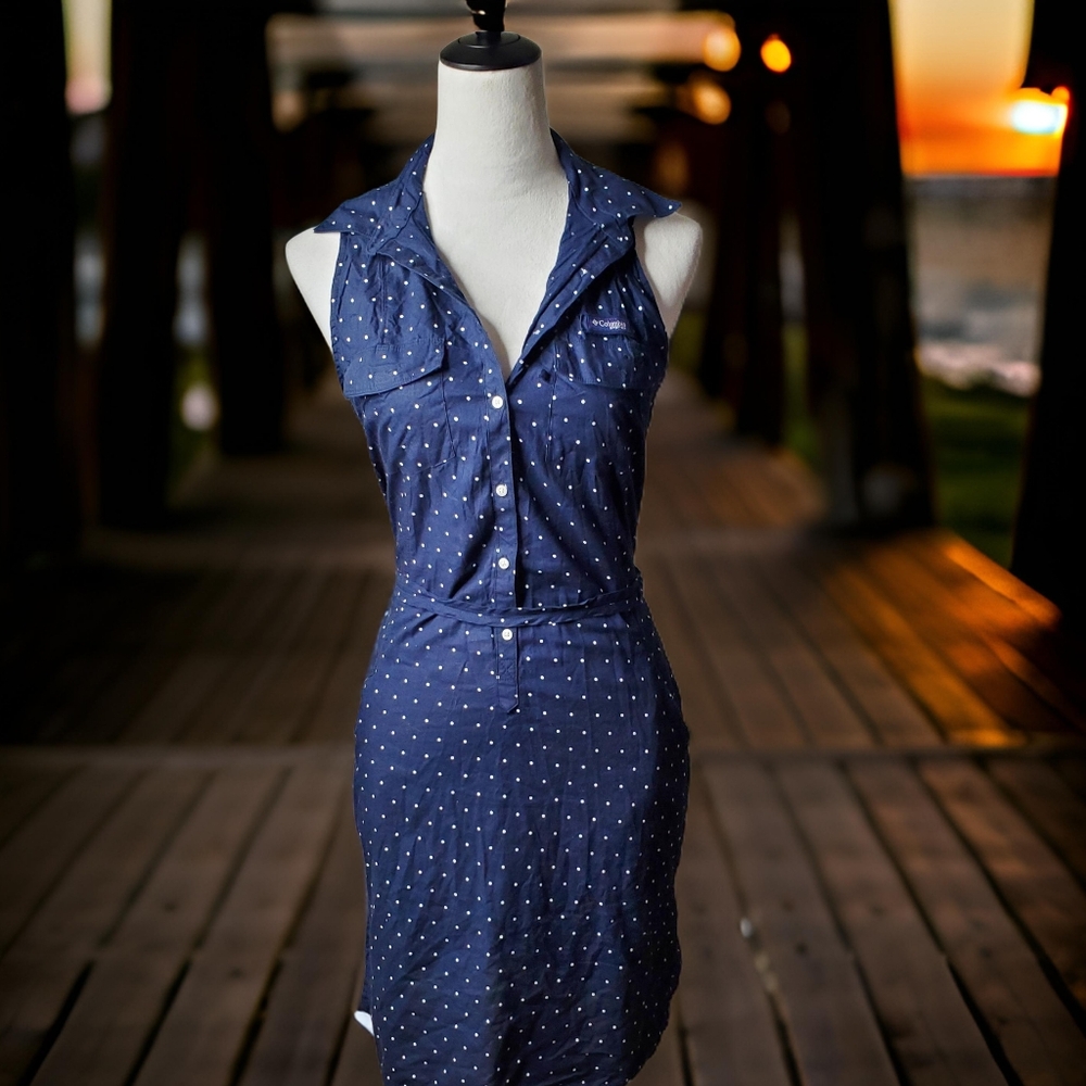 Columbia 100% Cotton Navy Blue & White Super Bonehead Cotton Polka Dot Dress